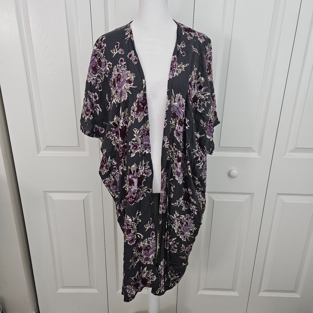 Blue Rain Gray Purple Floral Flowy Boho Open Duster Kimono Women's M